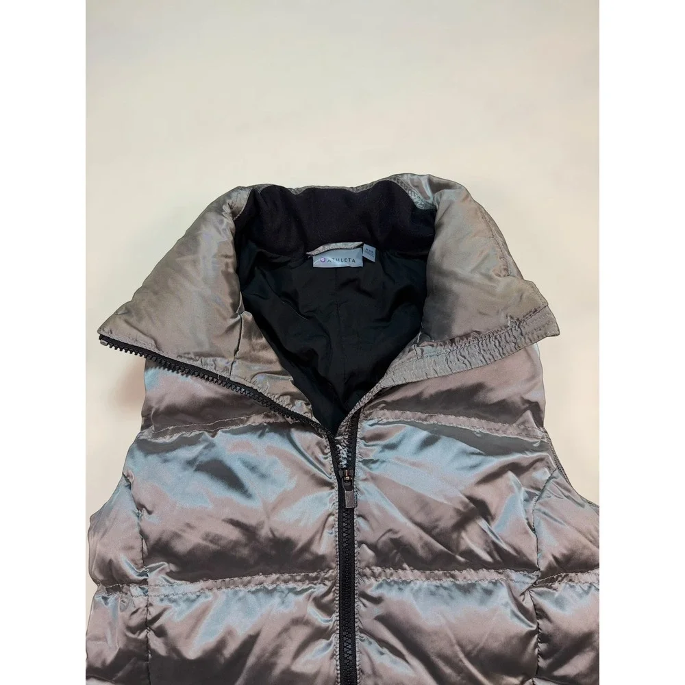 Athleta Metallic Silver Downtown High Neck Puffer‎ Ski Vest Down Filled Sz XXS